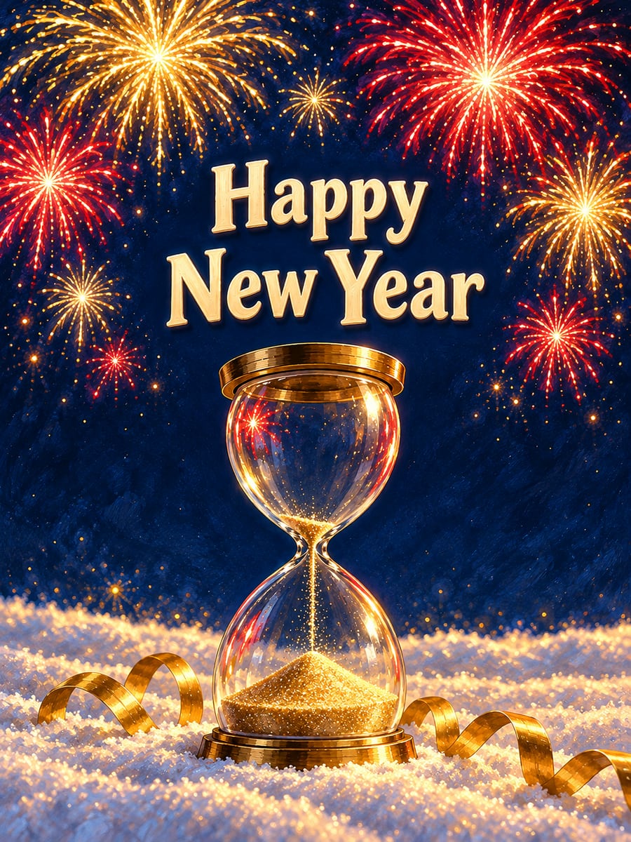 New Year greeting image: hourglass, fireworks, snow, streamers. It says “Happy New Year”