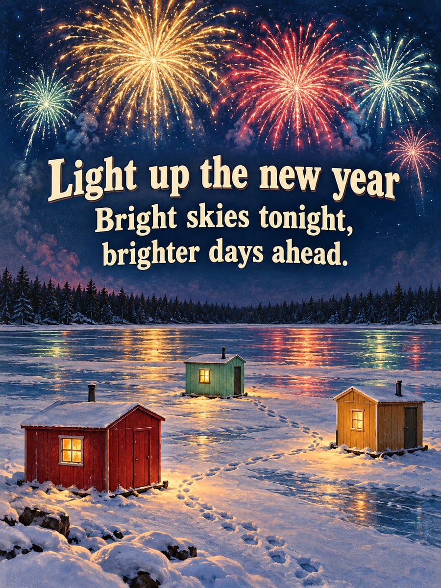 New Year greeting image: frozen lake, ice fishing shacks, fireworks. It says “Light up the new year” and “Bright skies tonight, brighter days ahead.”