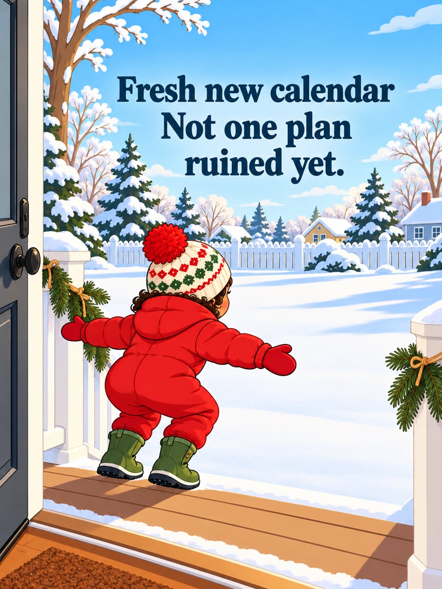 New Year greeting image: child, porch, fresh snow, front yard. It says “Fresh new calendar” and “Not one plan ruined yet.”