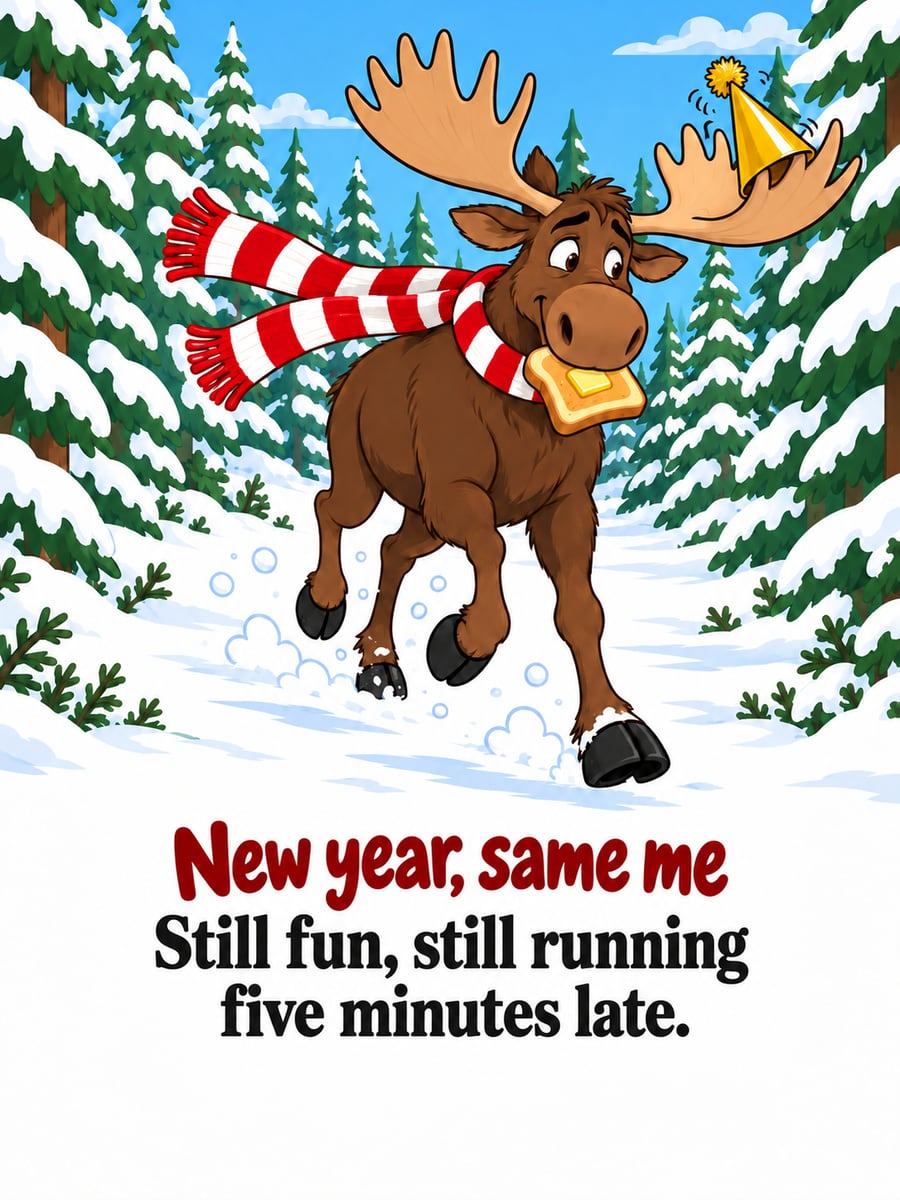 New Year greeting image: moose, toast, scarf, pine woods. It says “New year, same me” and “Still fun, still running five minutes late.”