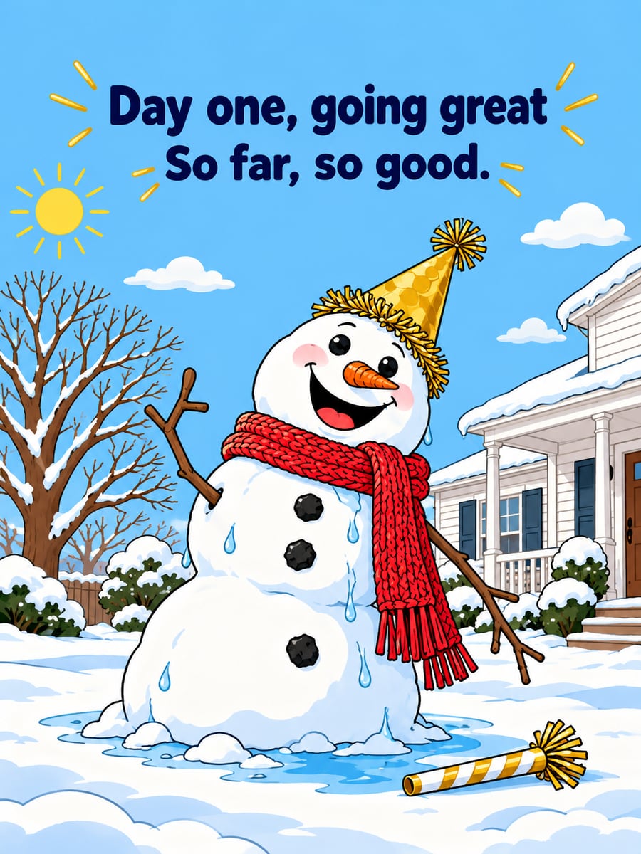 New Year greeting image: snowman, party hat, snow. It says “Day one, going great” and “So far, so good.”