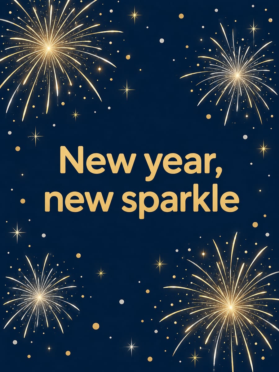 New Year greeting image: gold bursts, stars, confetti. It says “New year, new sparkle”