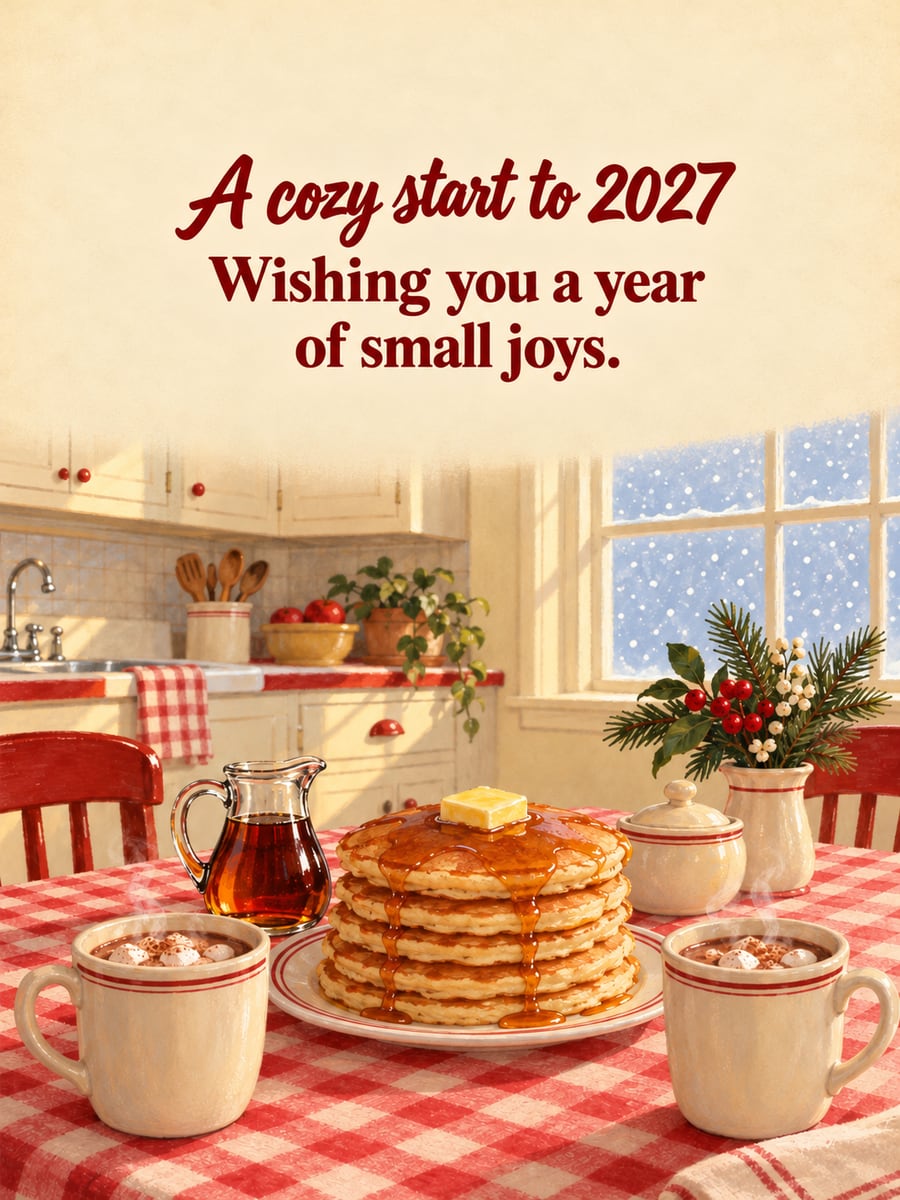 New Year greeting image: pancakes, breakfast table, kitchen window. It says “A cozy start to 2027” and “Wishing you a year of small joys.”