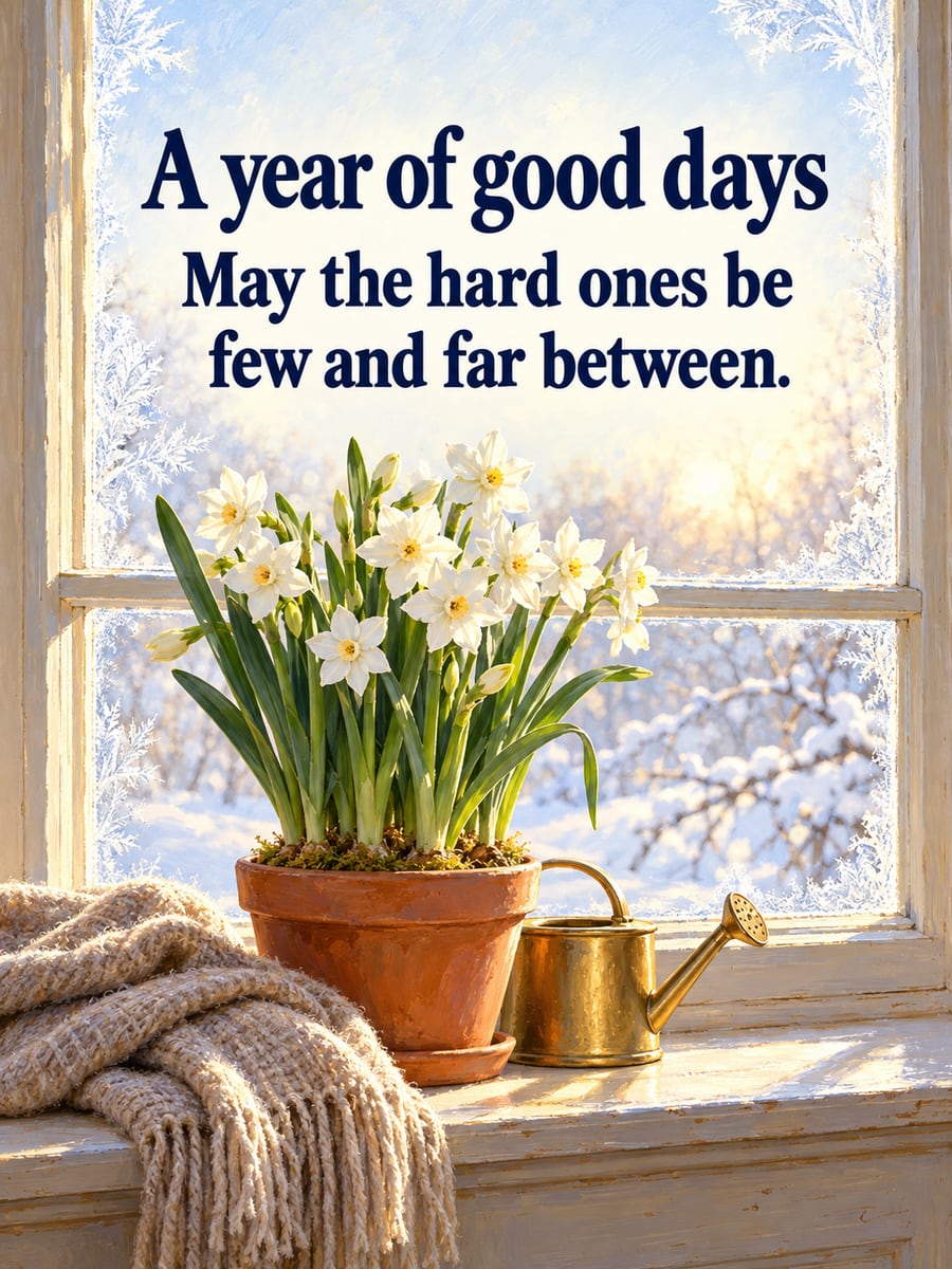New Year greeting image: paperwhites, windowsill, frost. It says “A year of good days” and “May the hard ones be few and far between.”