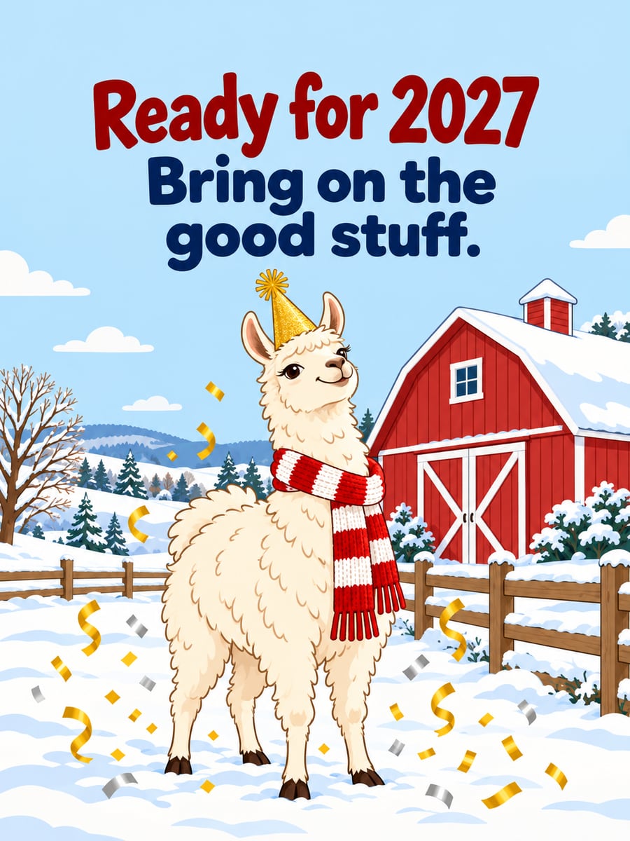 New Year greeting image: llama, party hat, confetti. It says “Ready for 2027” and “Bring on the good stuff.”