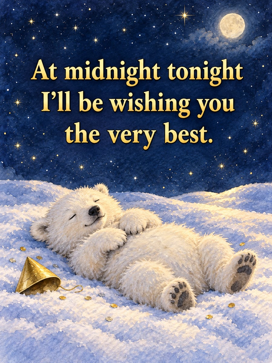 New Year greeting image: polar bear cub, party hat, confetti, starry sky. It says “At midnight tonight” and “I’ll be wishing you the very best.”