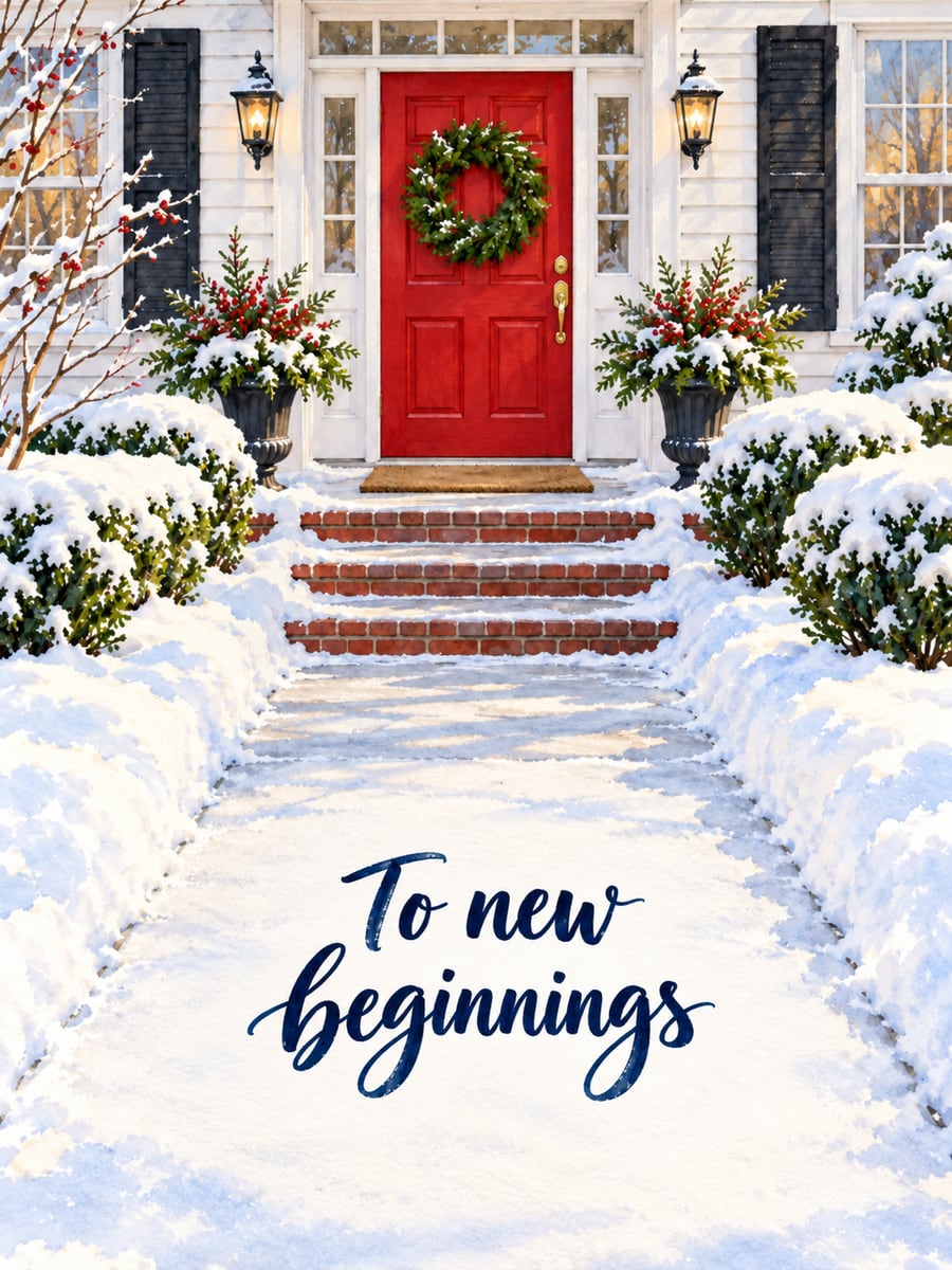 New Year greeting image: front door, path, snow. It says “To new beginnings”