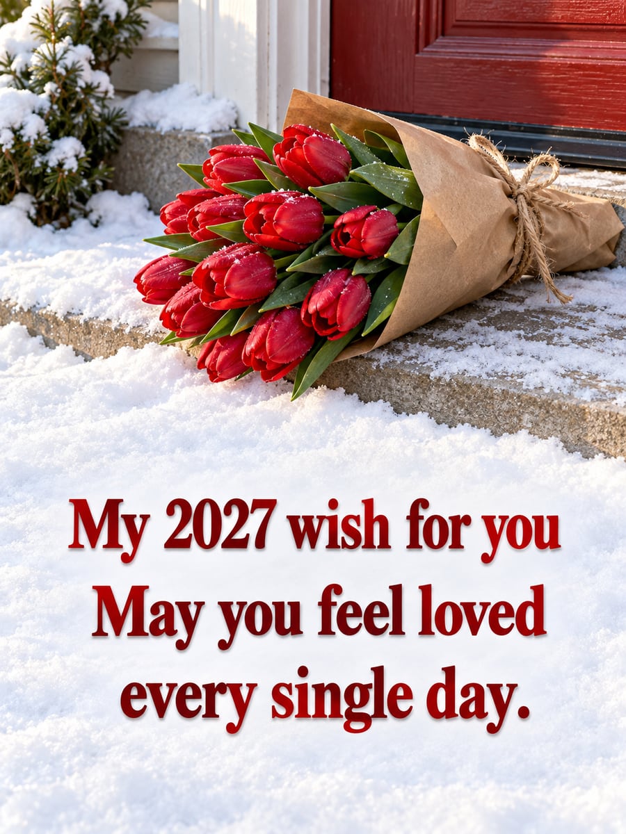 New Year greeting image: tulips, front step, snow. It says “My 2027 wish for you” and “May you feel loved every single day.”