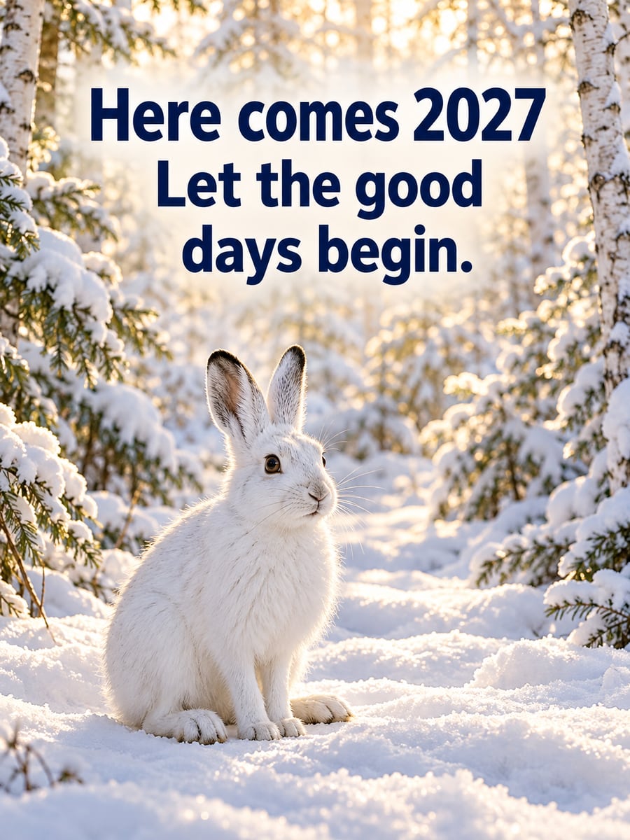 New Year greeting image: snowshoe hare, snow, forest clearing. It says “Here comes 2027” and “Let the good days begin.”