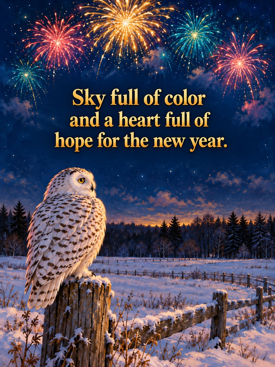 New Year greeting image: snowy owl, fence post, fireworks. It says “Sky full of color” and “and a heart full of hope for the new year.”