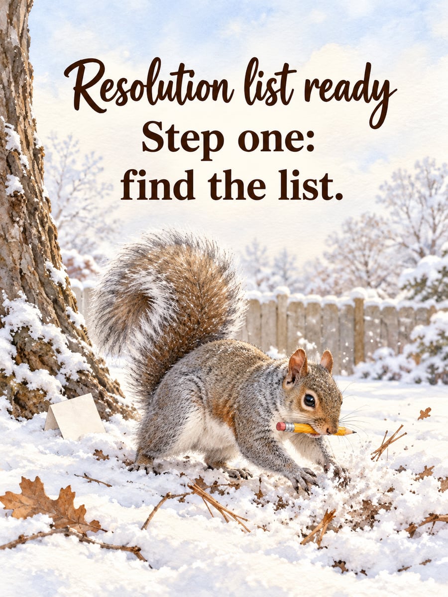 New Year greeting image: squirrel, pencil, snow, oak tree. It says “Resolution list ready” and “Step one: find the list.”