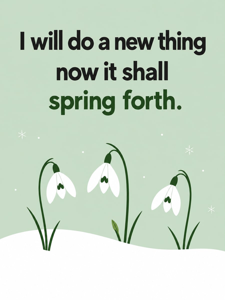 New Year greeting image: snowdrops, snowbank, flowers. It says “I will do a new thing” and “now it shall spring forth.”