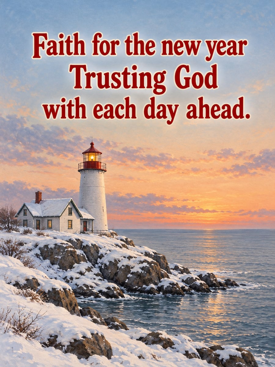 New Year greeting image: lighthouse, rocky point, snow, water. It says “Faith for the new year” and “Trusting God with each day ahead.”