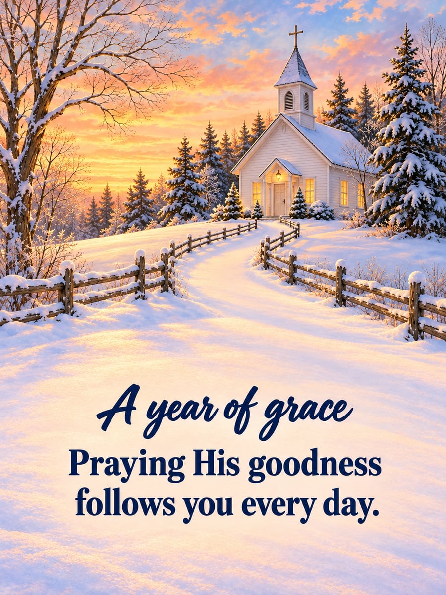 New Year greeting image: church, lane, fence, snowy hillside. It says “A year of grace” and “Praying His goodness follows you every day.”
