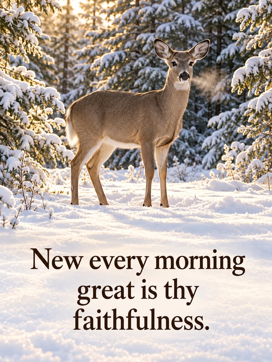 New Year greeting image: deer, meadow, pines, snow. It says “New every morning” and “great is thy faithfulness.”
