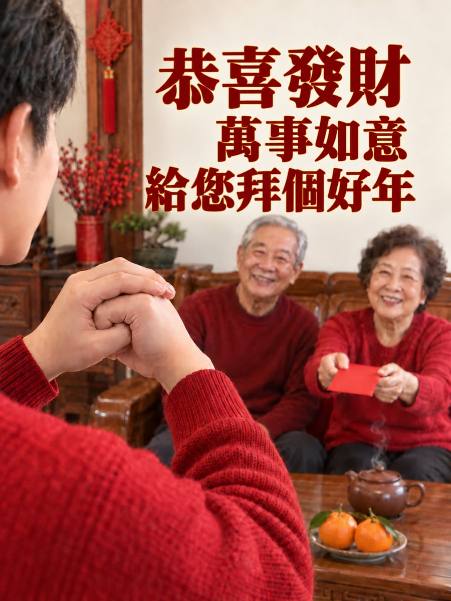 作揖拜年手勢。圖中文字：恭喜發財，萬事如意，給您拜個好年