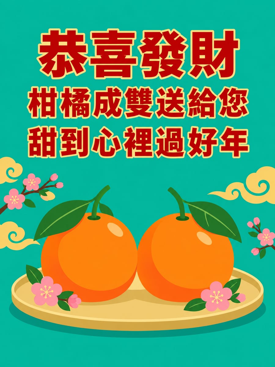 成對椪柑平面圖。圖中文字：恭喜發財，柑橘成雙送給您，甜到心裡過好年