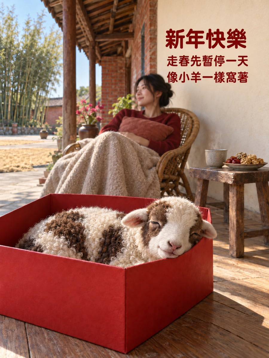 窩在禮盒裡的小羊。圖中文字：新年快樂，走春先暫停一天，像小羊一樣窩著