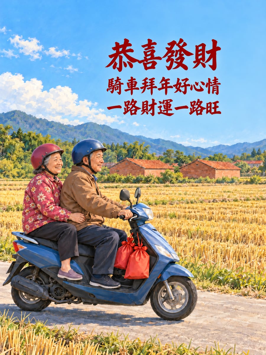 機車載著禮物去拜年。圖中文字：恭喜發財，騎車拜年好心情，一路財運一路旺