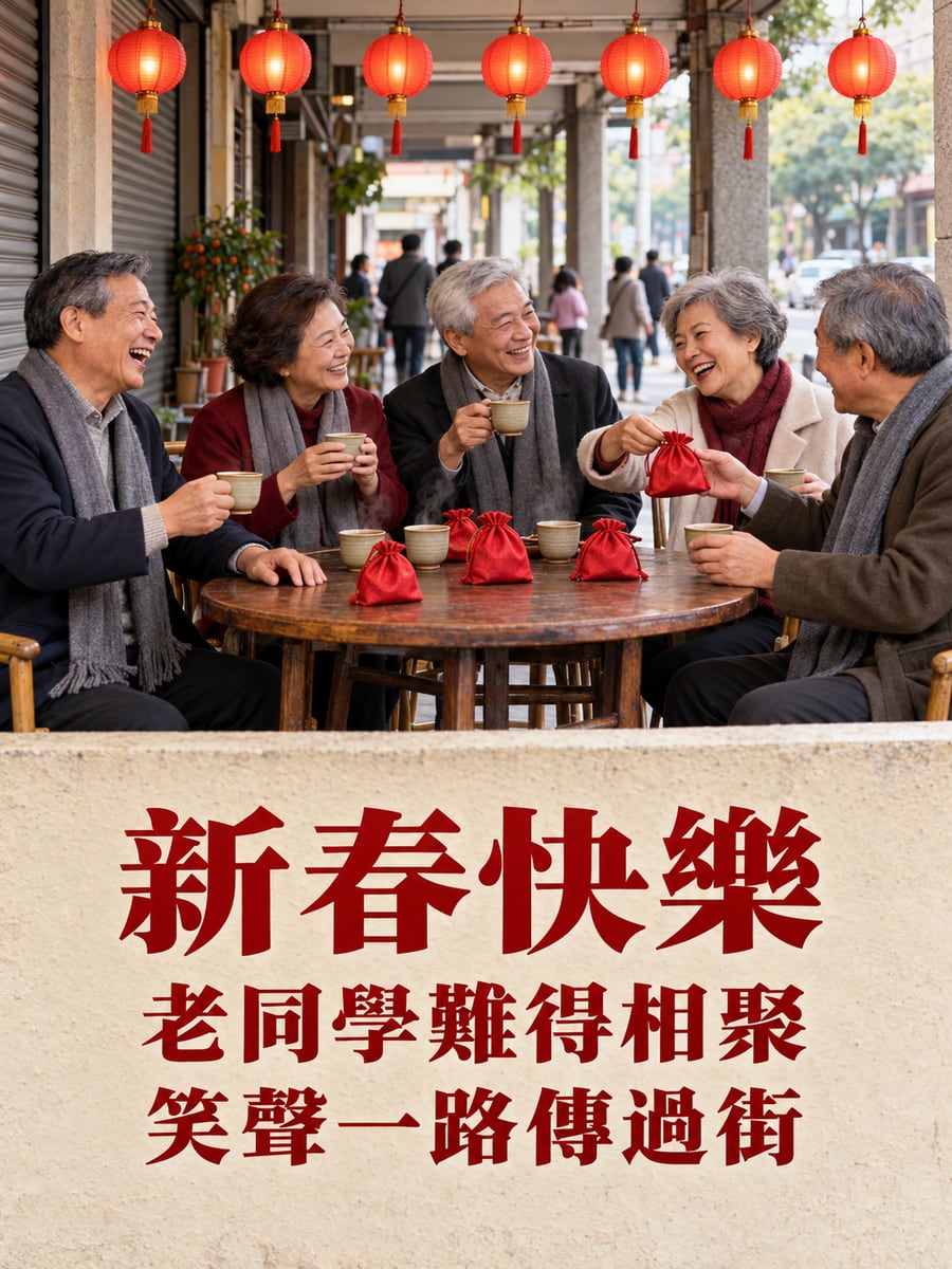 老同學難得相聚。圖中文字：新春快樂，老同學難得相聚，笑聲一路傳過街