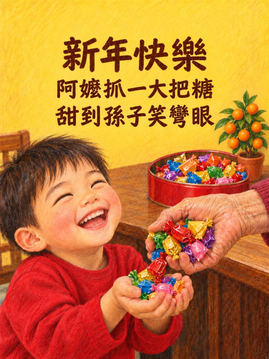 阿嬤抓一大把糖。圖中文字：新年快樂，阿嬤抓一大把糖，甜到孫子笑彎眼