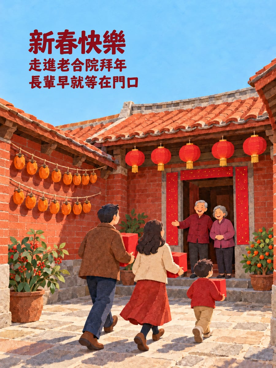 走進老合院拜年。圖中文字：新春快樂，走進老合院拜年，長輩早就等在門口