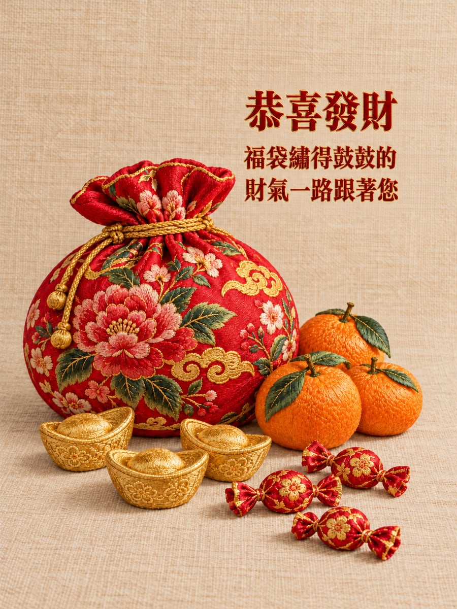 刺繡的紅福袋。圖中文字：恭喜發財，福袋繡得鼓鼓的，財氣一路跟著您