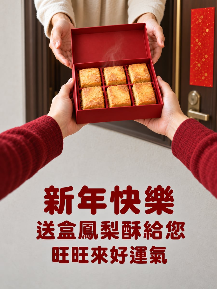 遞給鄰居的鳳梨酥。圖中文字：新年快樂，送盒鳳梨酥給您，旺旺來好運氣