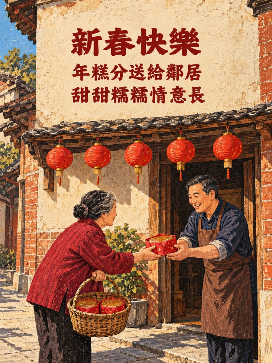 送年糕給左鄰右舍。圖中文字：新春快樂，年糕分送給鄰居，甜甜糯糯情意長
