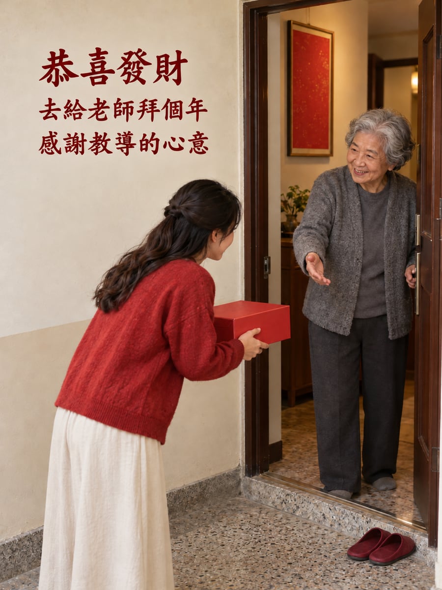 去給老師拜年。圖中文字：恭喜發財，去給老師拜個年，感謝教導的心意