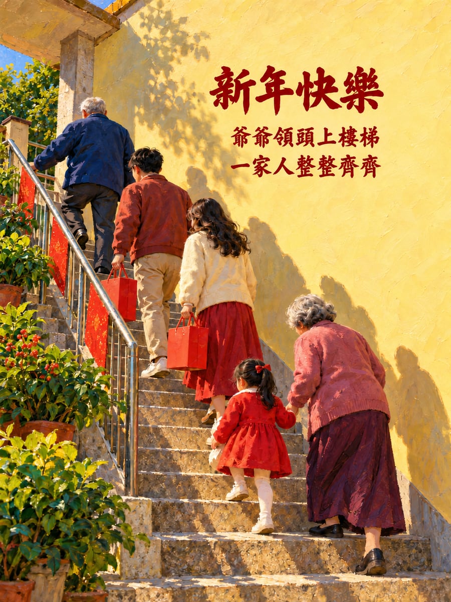 三代人走上外樓梯。圖中文字：新年快樂，爺爺領頭上樓梯，一家人整整齊齊