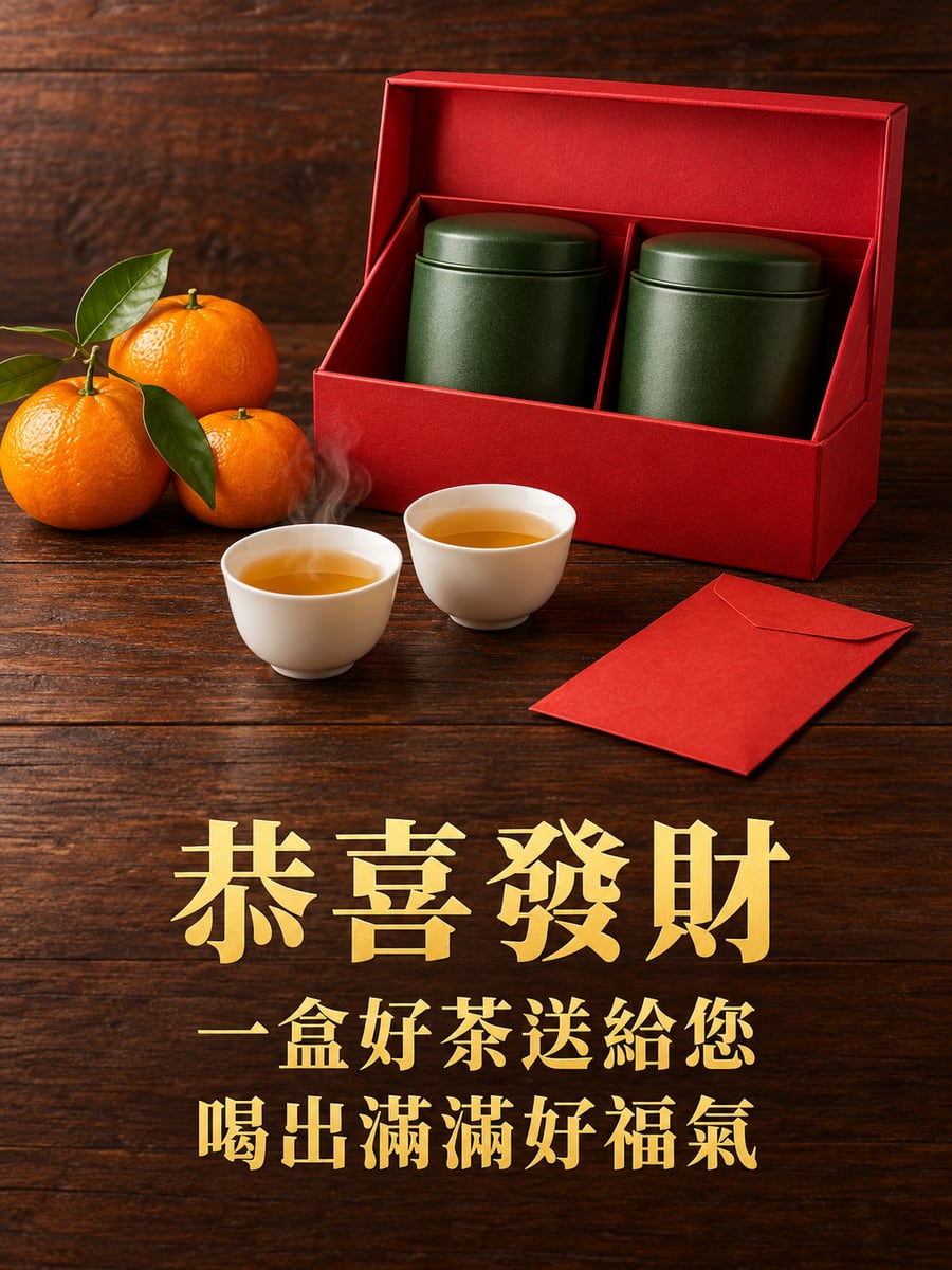 送給長輩的茶葉禮盒。圖中文字：恭喜發財，一盒好茶送給您，喝出滿滿好福氣