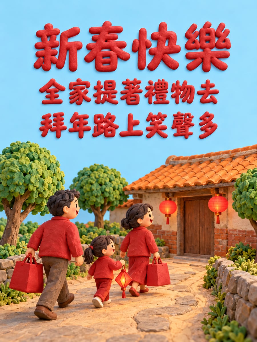 黏土村莊提禮去拜年。圖中文字：新春快樂，全家提著禮物去，拜年路上笑聲多