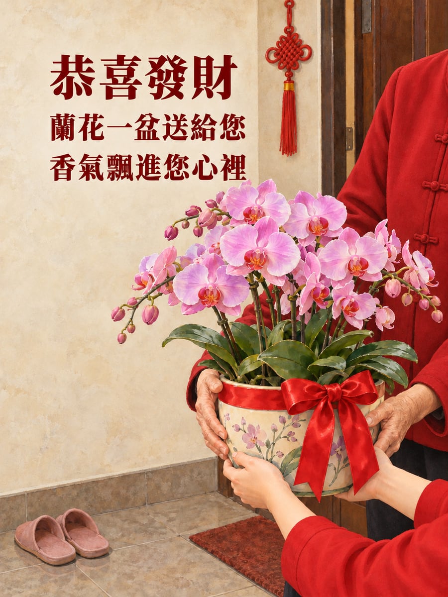 遞上一盆蝴蝶蘭。圖中文字：恭喜發財，蘭花一盆送給您，香氣飄進您心裡