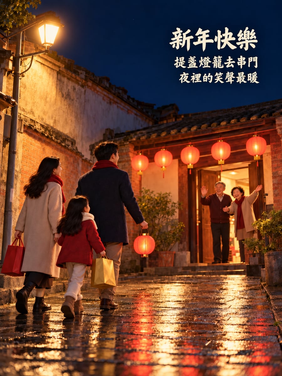 夜裡提著燈籠串門子。圖中文字：新年快樂，提盞燈籠去串門，夜裡的笑聲最暖
