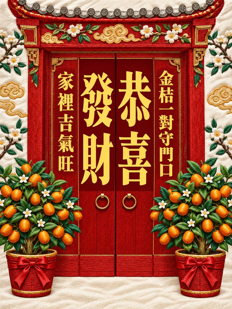 刺繡門口金桔一對。圖中文字：恭喜發財，金桔一對守門口，家裡吉氣旺