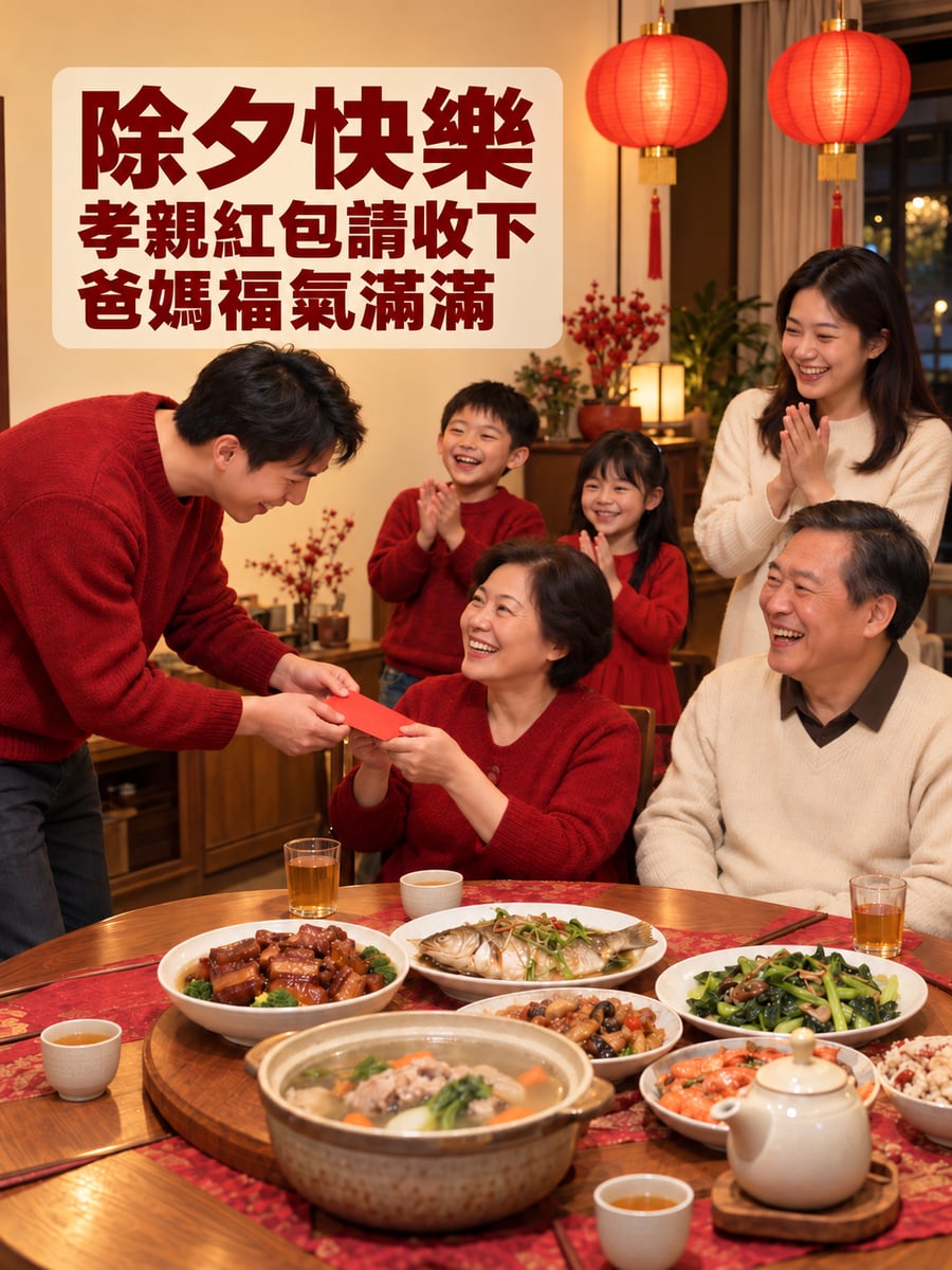 除夕收下孝親紅包。圖中文字：除夕快樂，孝親紅包請收下，爸媽福氣滿滿