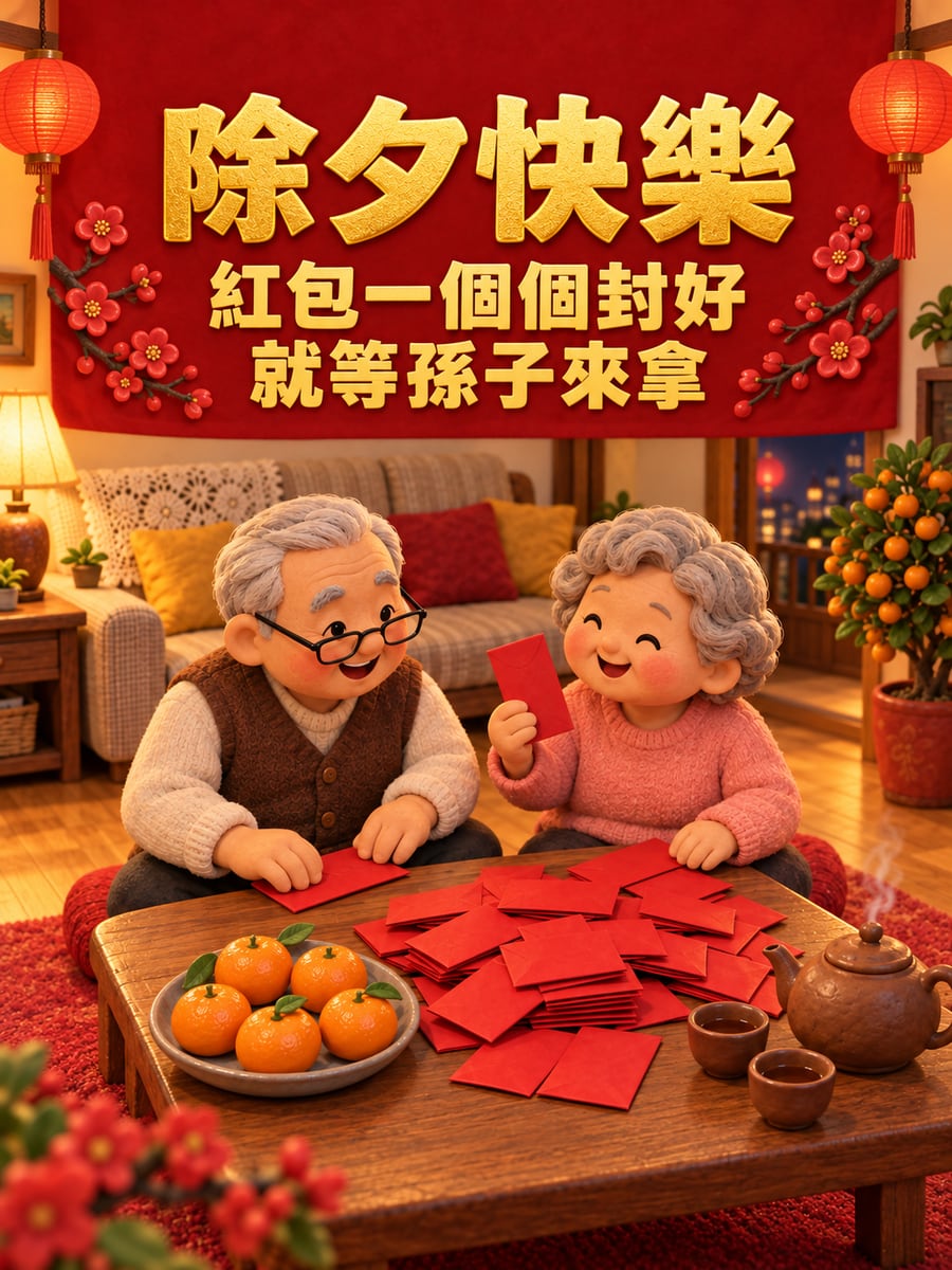 黏土阿公阿嬤封紅包。圖中文字：除夕快樂，紅包一個個封好，就等孫子來拿