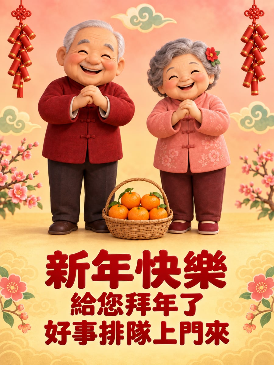 Q版阿公阿嬤拱手拜年。圖中文字：新年快樂，給您拜年了，好事排隊上門來
