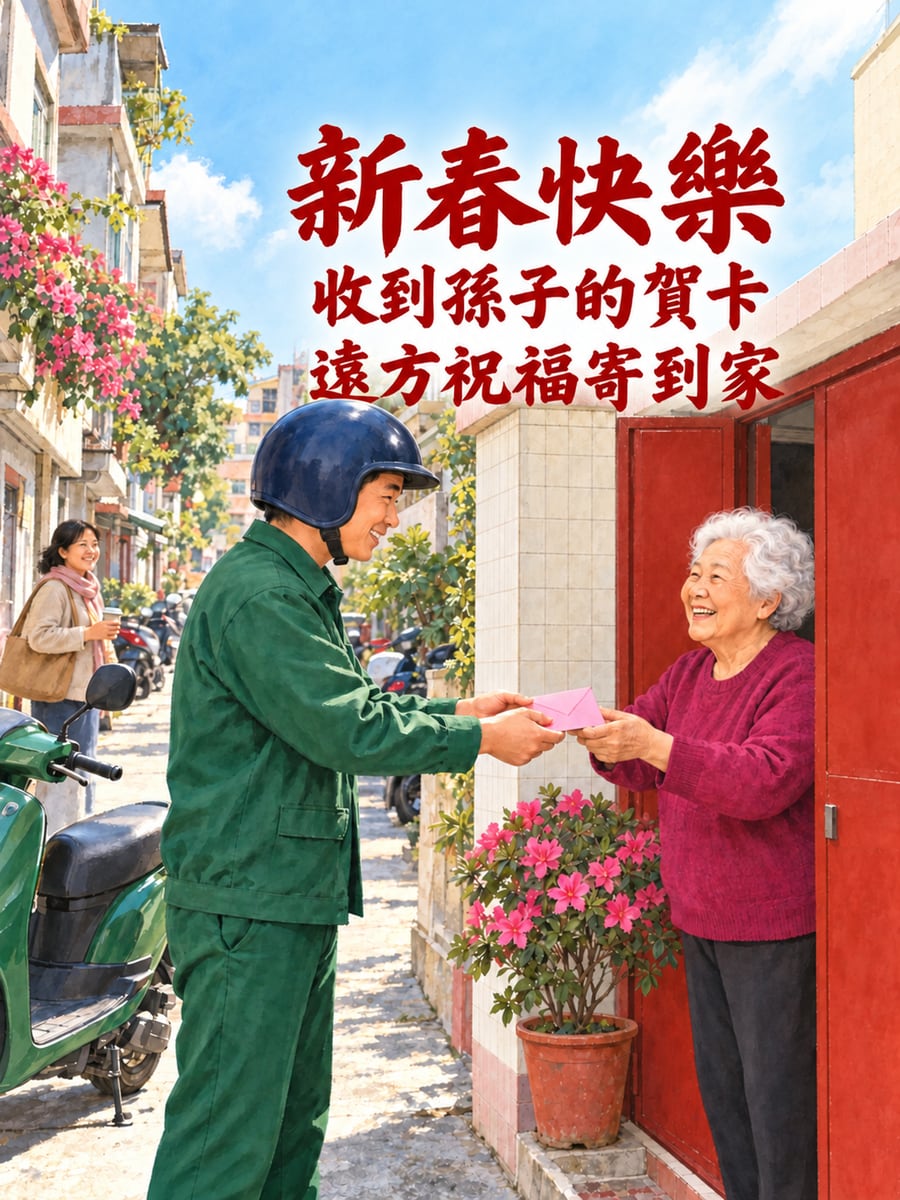 郵差送來賀年卡。圖中文字：新春快樂，收到孫子的賀卡，遠方祝福寄到家