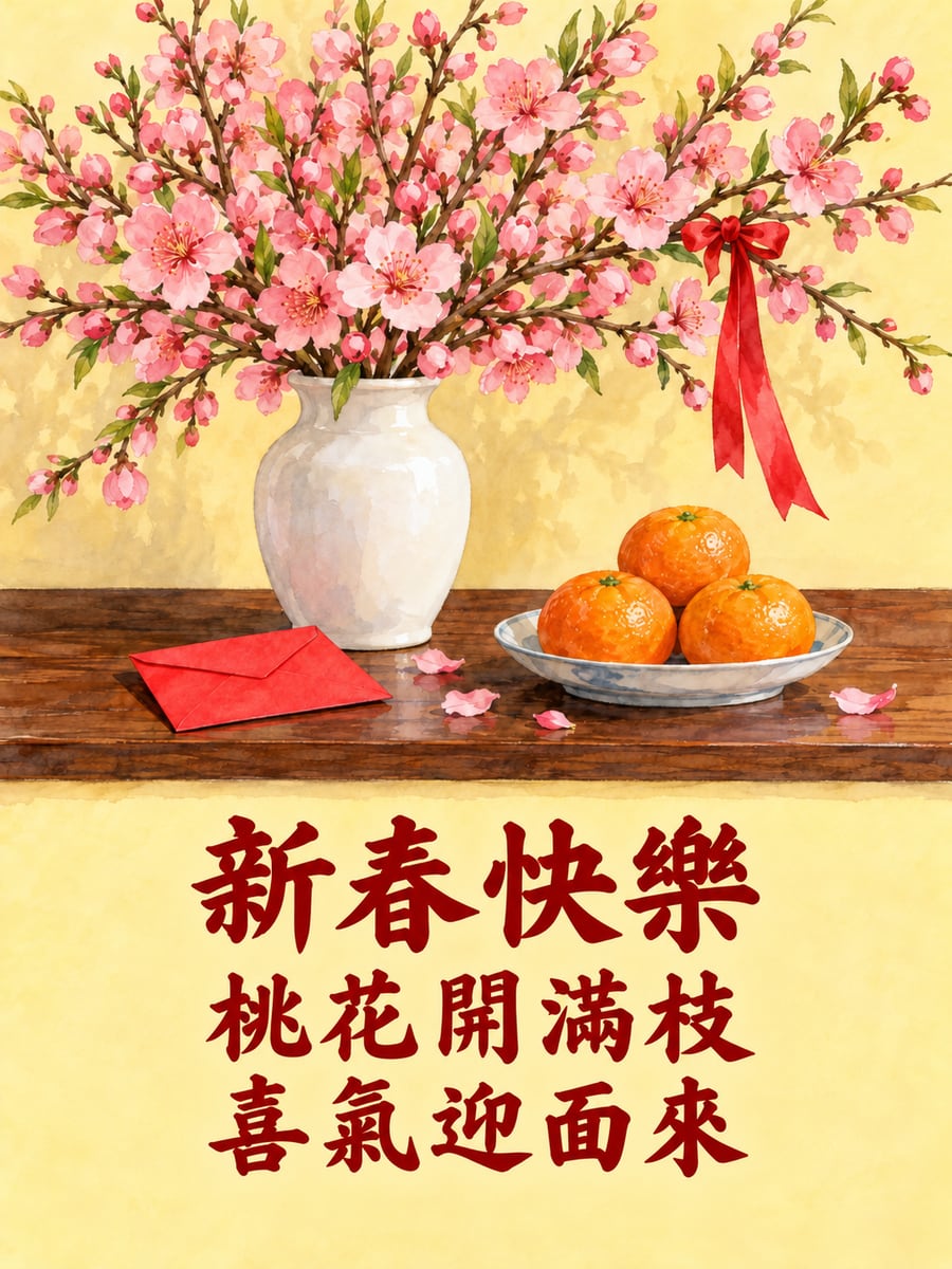 桃花枝上繫紅絲帶。圖中文字：新春快樂，桃花開滿枝，喜氣迎面來