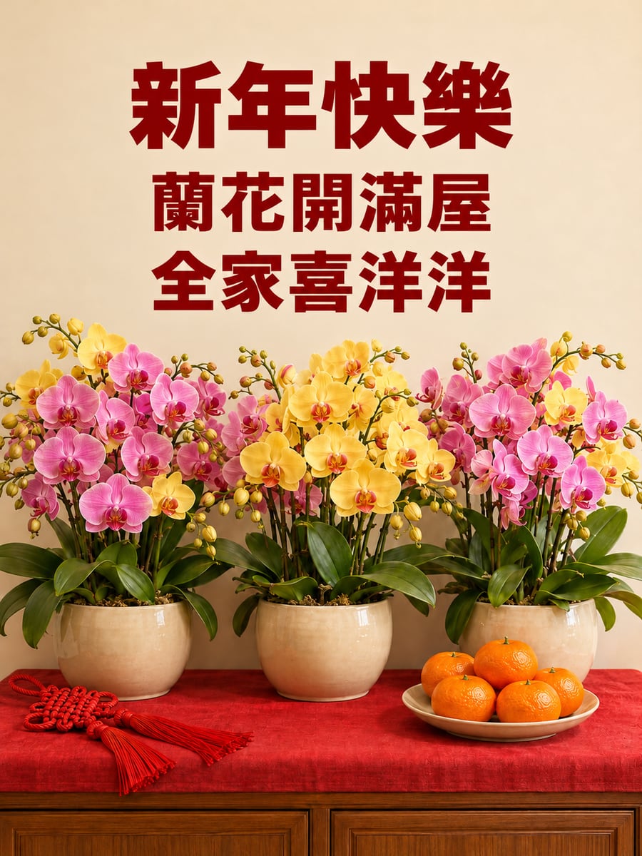 玄關擺滿蘭花。圖中文字：新年快樂，蘭花開滿屋，全家喜洋洋