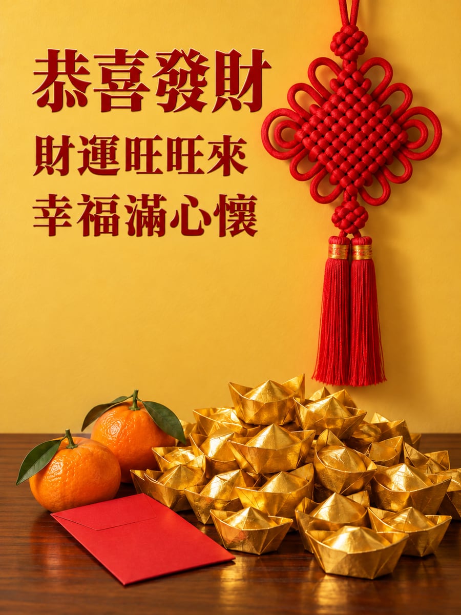 中國結與金元寶。圖中文字：恭喜發財，財運旺旺來，幸福滿心懷