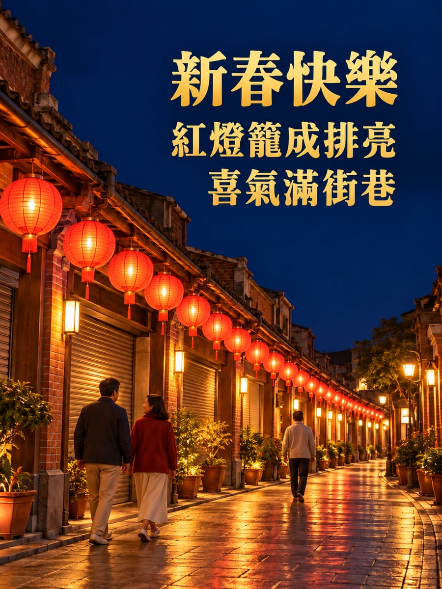 紅燈籠串亮起來。圖中文字：新春快樂，紅燈籠成排亮，喜氣滿街巷