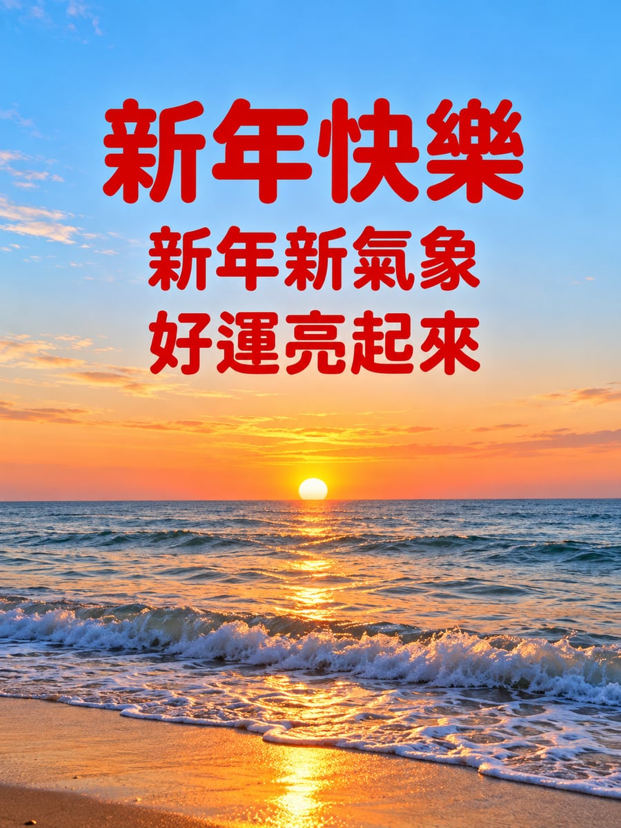 海面上升起的新年日出。圖中文字：新年快樂，新年新氣象，好運亮起來