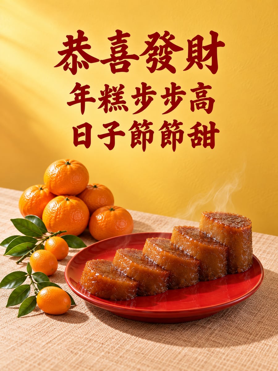 年糕與橘子的紅盤。圖中文字：恭喜發財，年糕步步高，日子節節甜