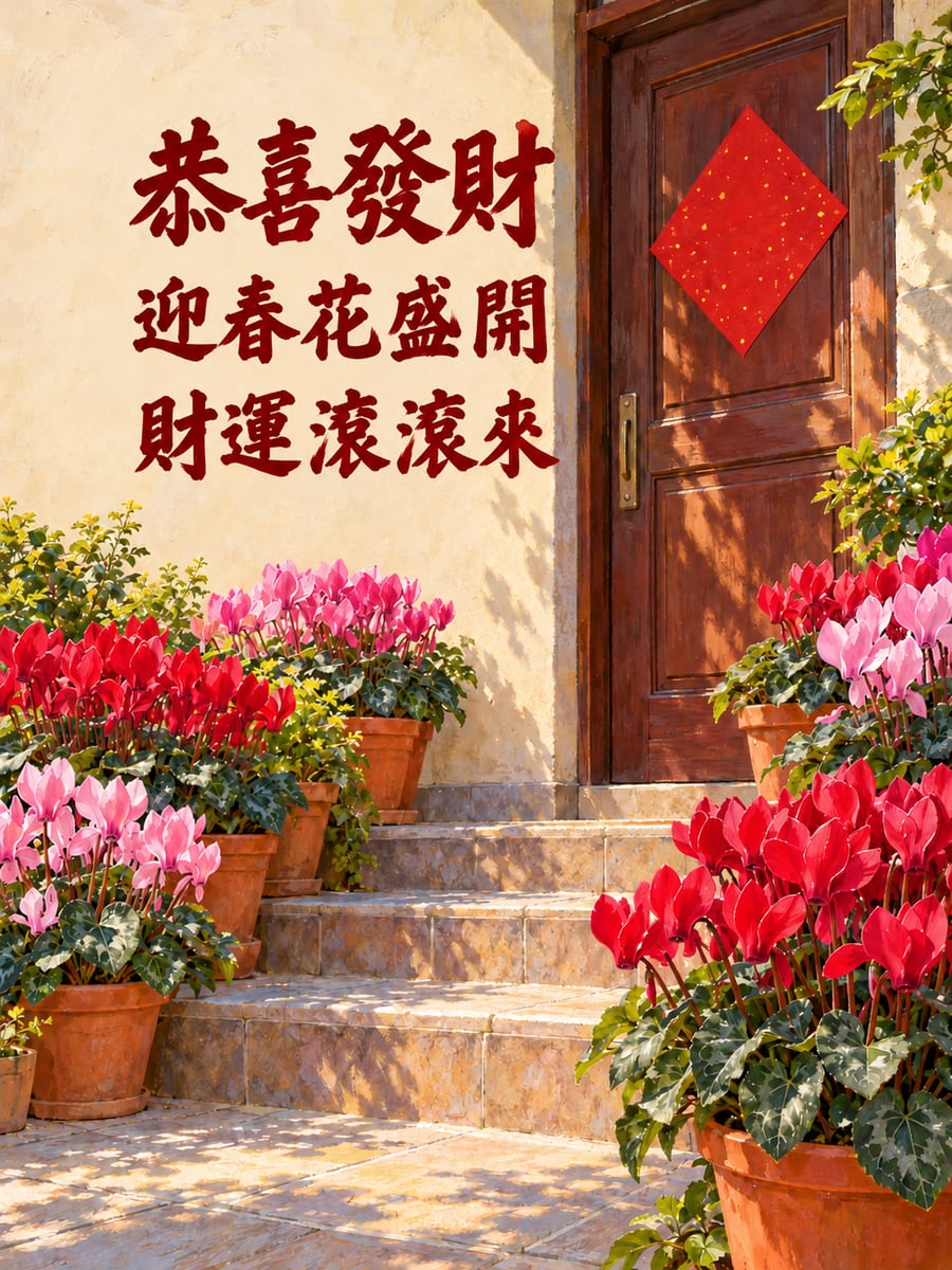 門口擺滿仙客來。圖中文字：恭喜發財，迎春花盛開，財運滾滾來