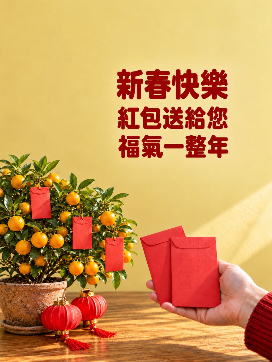 紅包與金桔盆栽。圖中文字：新春快樂，紅包送給您，福氣一整年