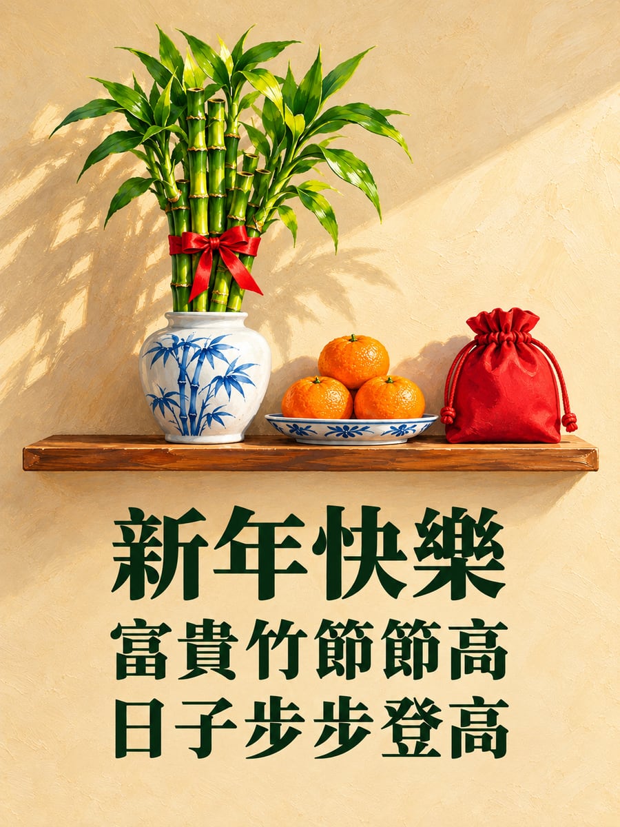 富貴竹繫上紅緞帶。圖中文字：新年快樂，富貴竹節節高，日子步步登高