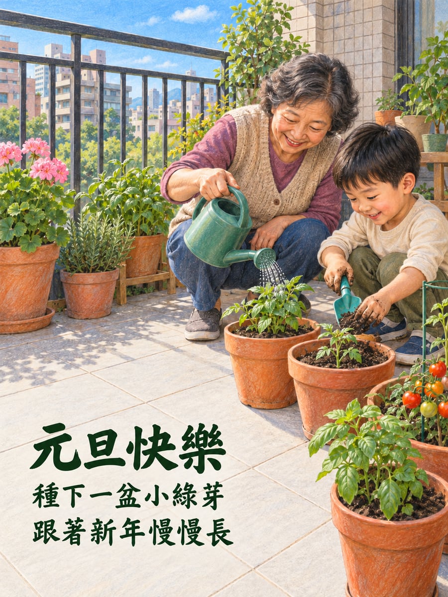元旦陽台種新苗。圖中文字：元旦快樂，種下一盆小綠芽，跟著新年慢慢長